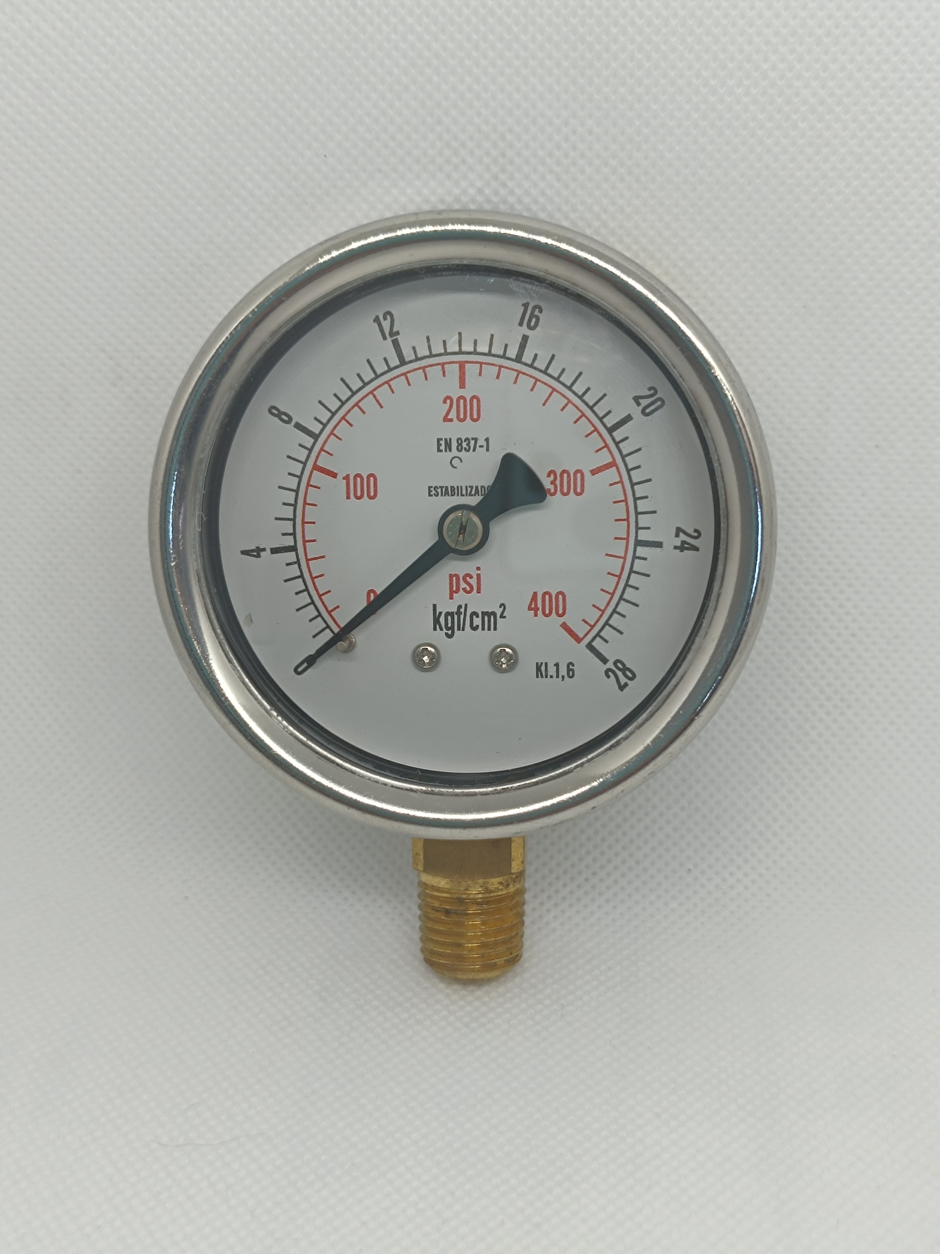 Manômetro 63mm - Reto - Escala 400 Psi x 28 Kgf/Cm² - Caixa em aço inox - Int.em latão - Rosca 1/4 NPT