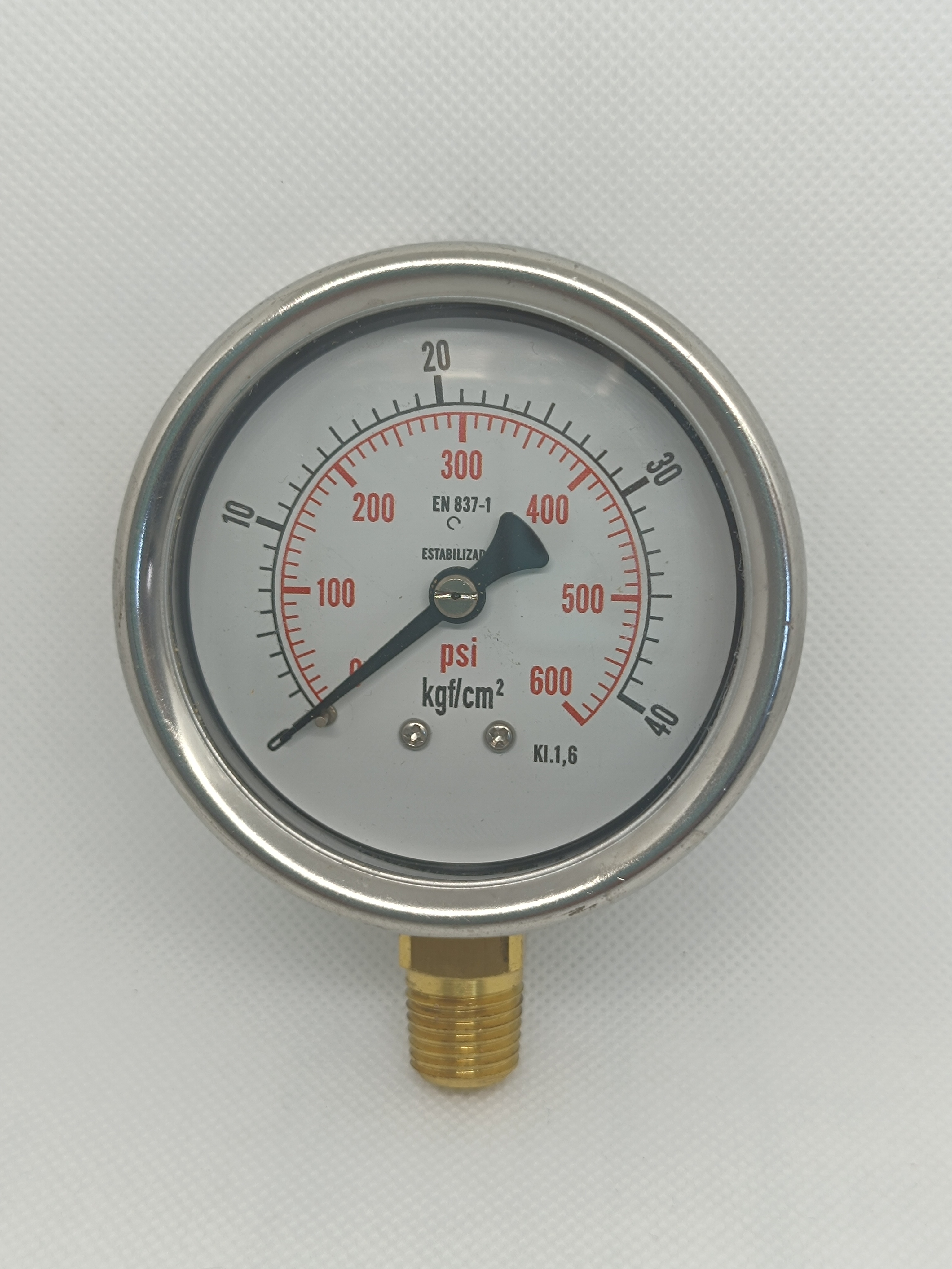 Manômetro 63mm - Reto - Escala 600 Psi x 40 Kgf/Cm² - Caixa em, aço inox - Int.em latão - Rosca 1/4 NPT