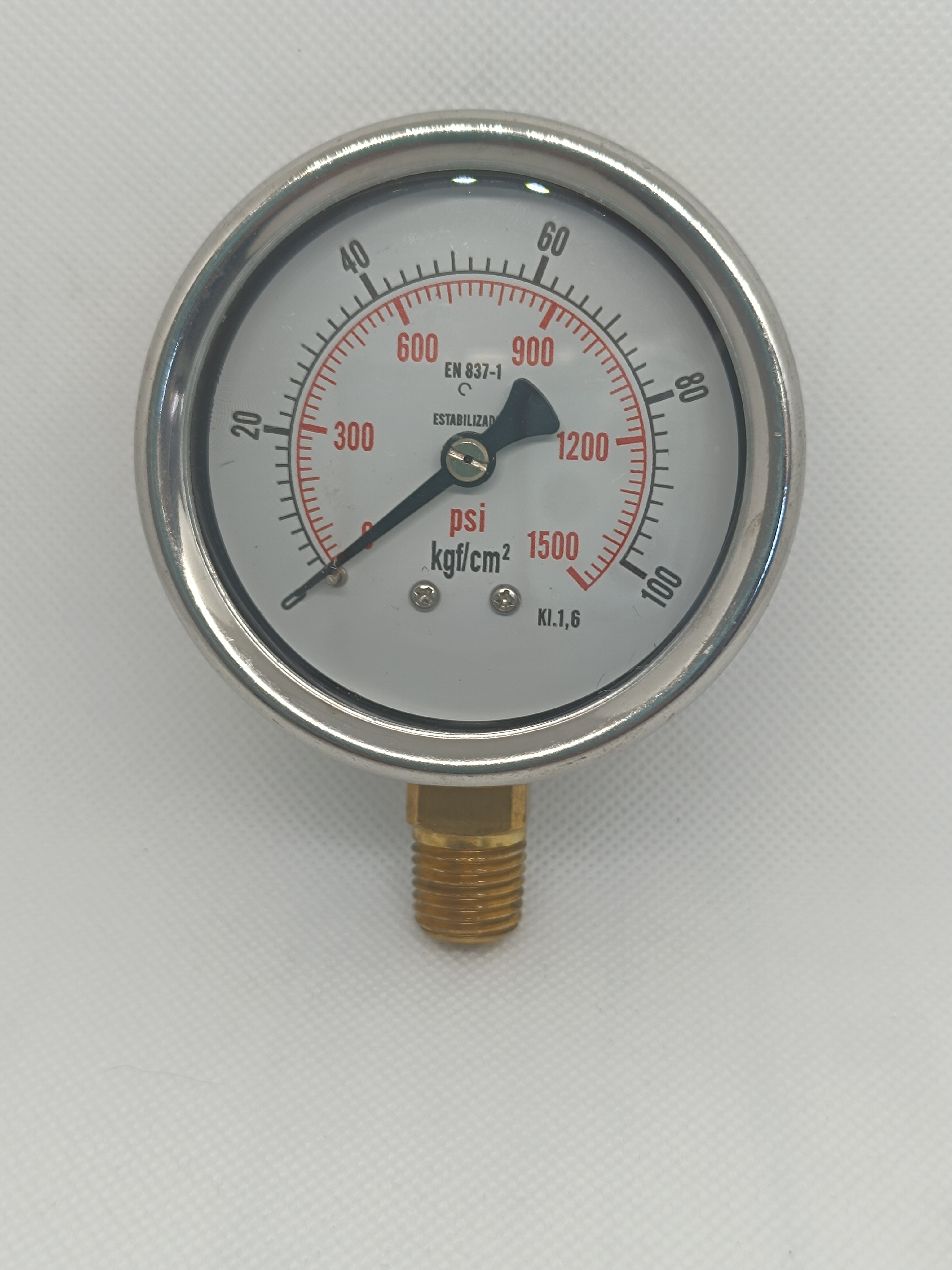 Manômetro 63mm - Reto - Escala 1500 Psi x 100 Kgf/Cm² - Caixa em aço inox - Int.em latão - Rosca 1/4 NPT