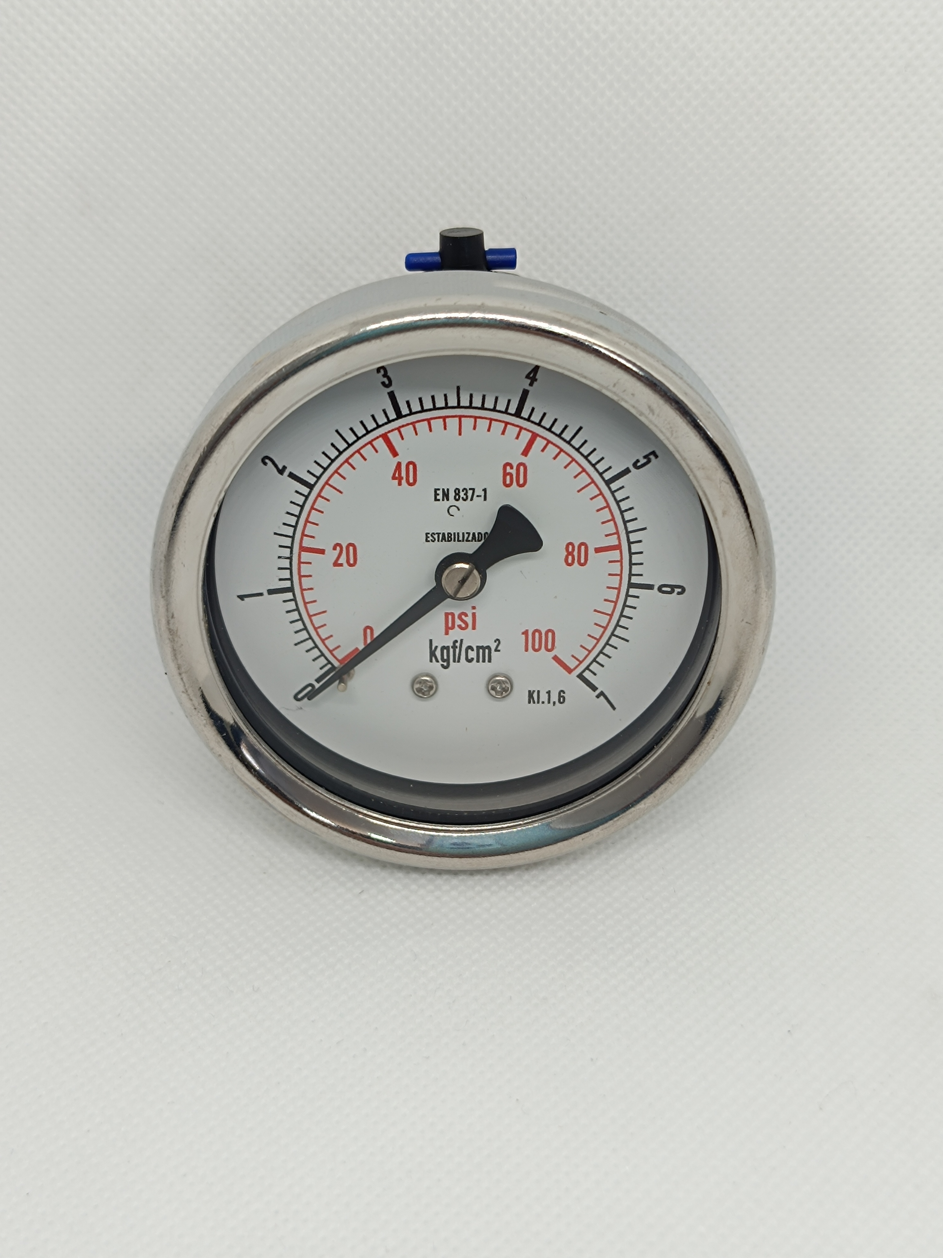 Manômetro 63mm - Horizontal - Escala 100 Psi x 7 Kgf/Cm² - Caixa em aço inox - Int.em latão - Rosca 1/4 NPT