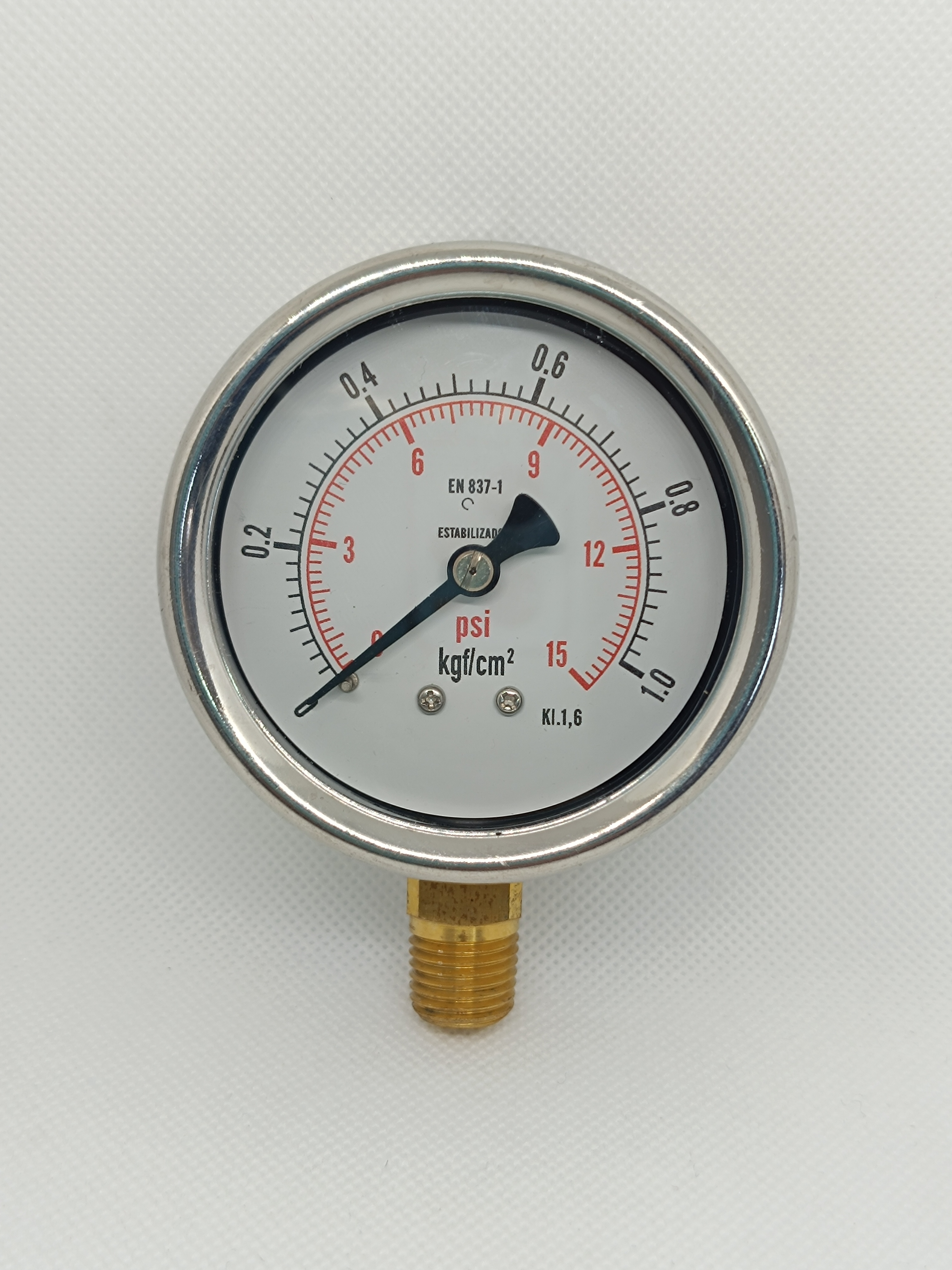 Manômetro 63mm - Reto - Escala 15 Psi x 1 Kgf/Cm² - Caixa em aço inox - Int.em latão - Rosca 1/4 NPT