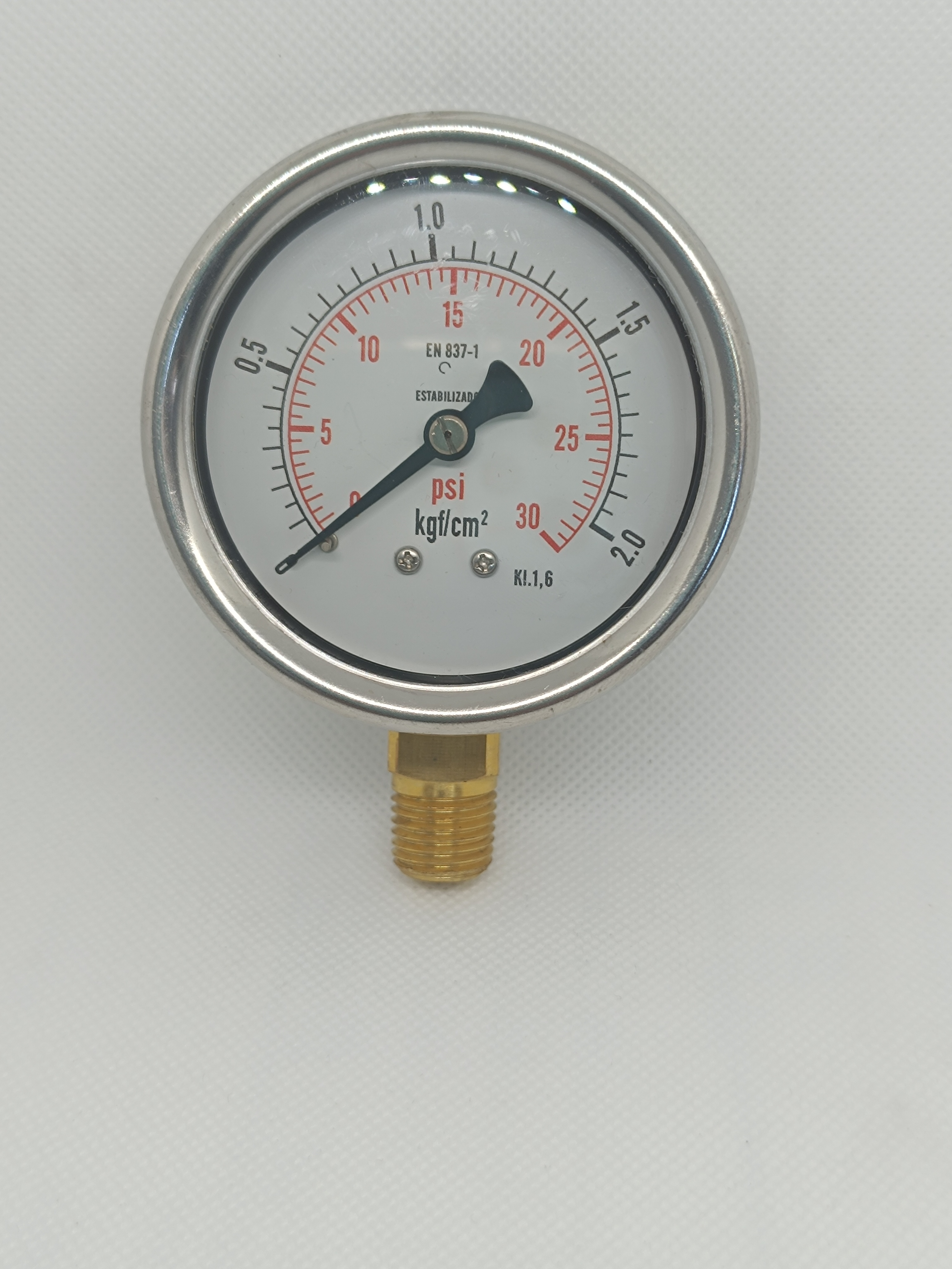 Manômetro 63mm - Reto - Escala 30 Psi x 2 Kgf/Cm² - Caixa em aço inox - Int.em latão - Rosca 1/4 NPT