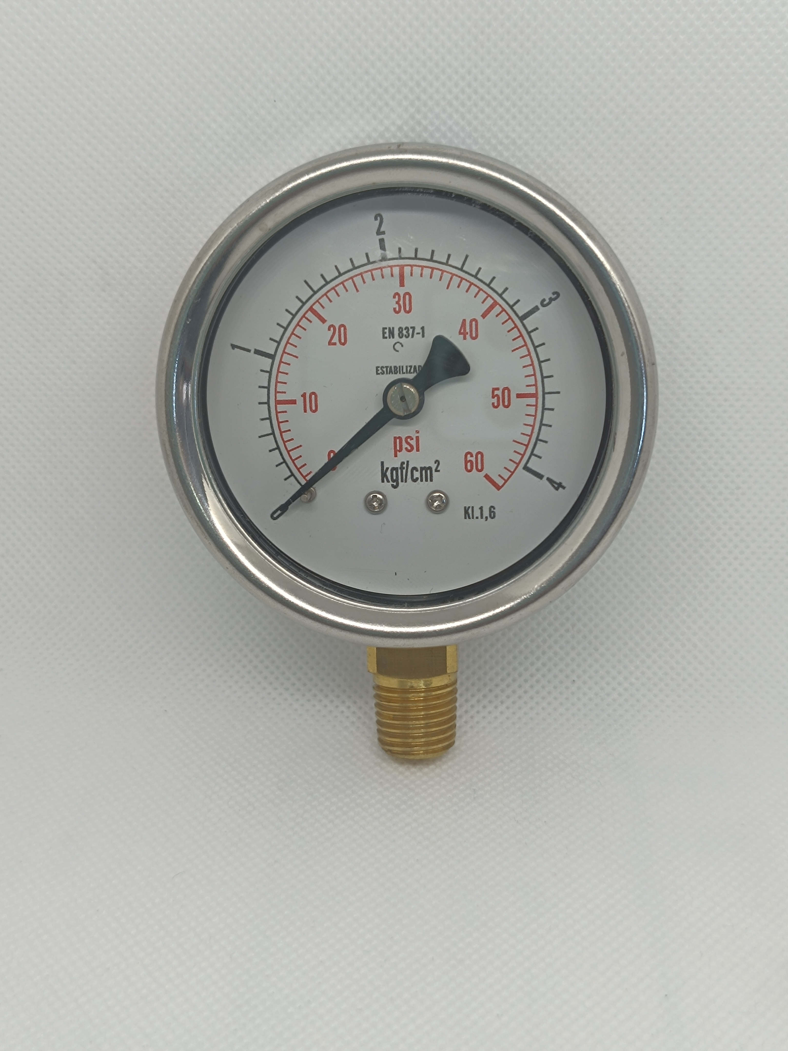 Manômetro  63mm -  Reto - Escala 60 Psi x 4 Kgf/Cm² - Caixa em aço inox - Int.em latão - Rosca 1/4 NPT