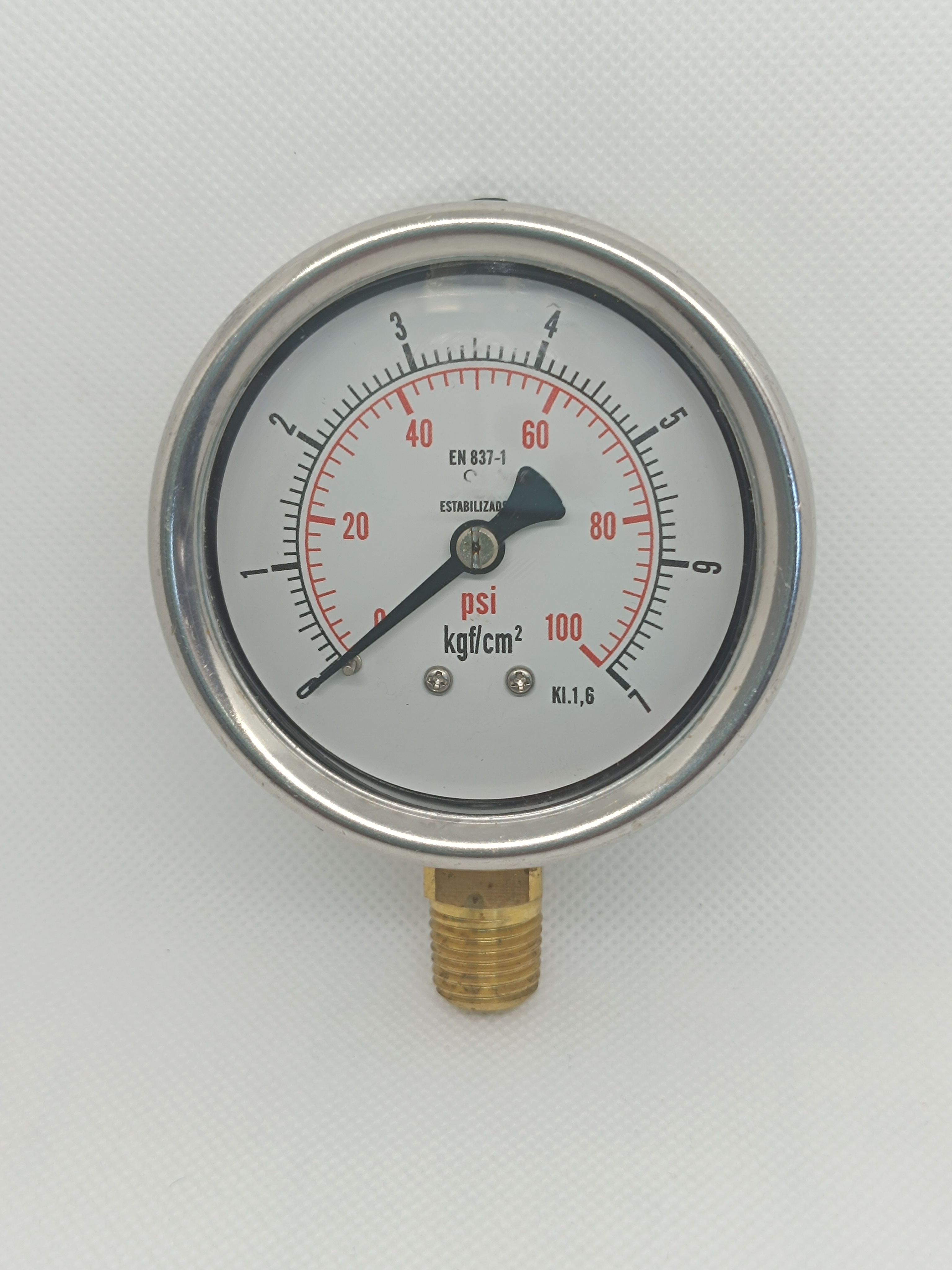 Manômetro 63mm - Reto - Escala 100 Psi x 7 Kgf/Cm² - Caixa em aço inox - Int.em latão - Rosca 1/4 NPT