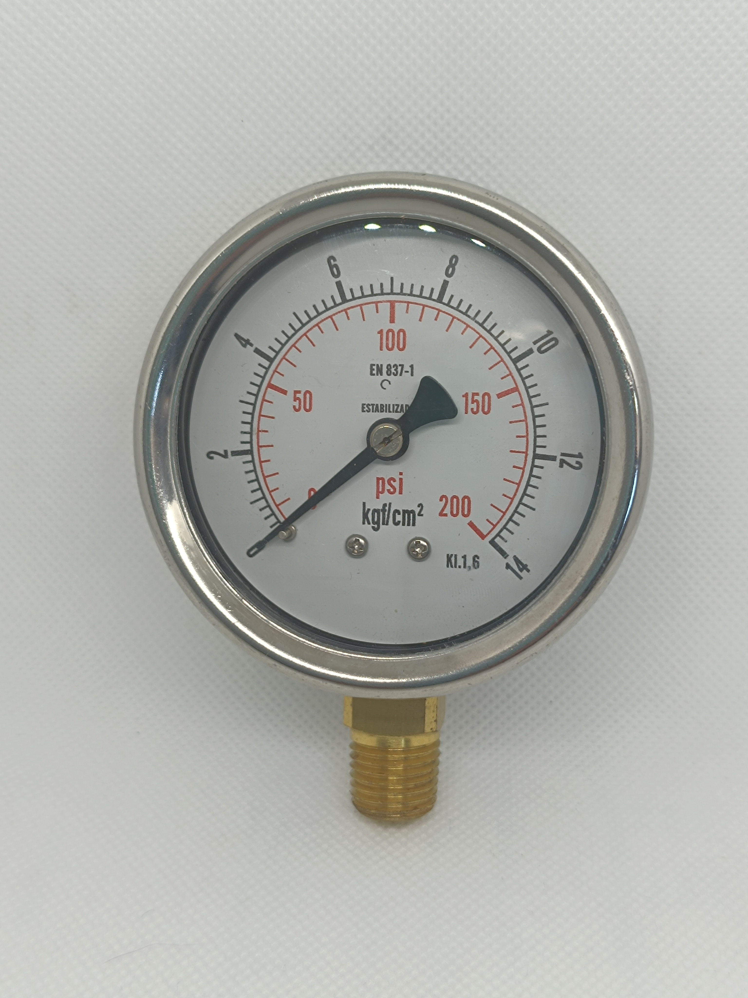 Manômetro 63mm - Reto - Escala 200 Psi x 14 Kgf/Cm² - Caixa em aço inox - int.em latão - Rosca 1/4 NPT