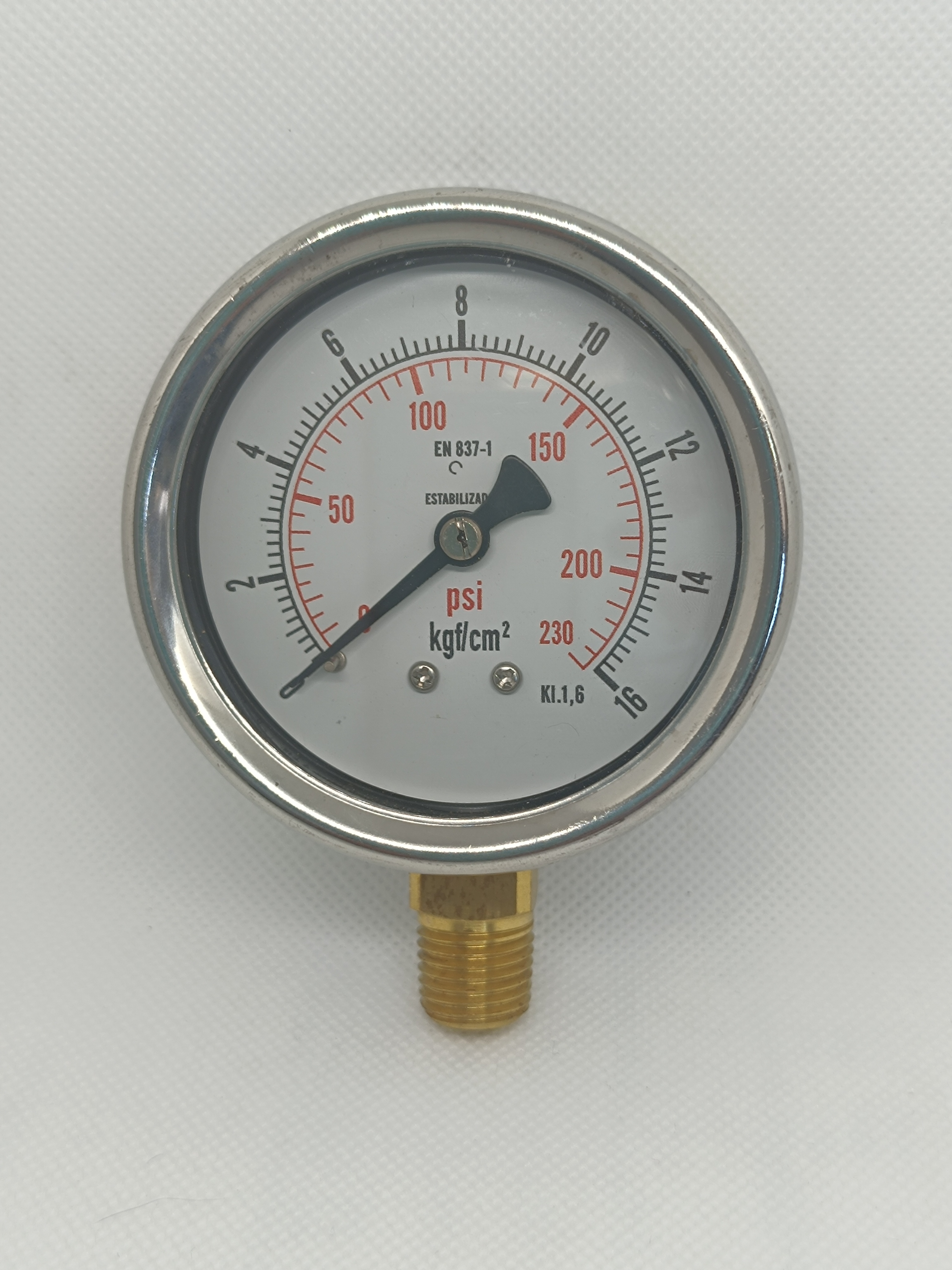 Manômetro 63mm - Reto - Escala 230 Psi x 16 Kgf/Cm² - Caixa em aço inox - Int.em latão - Rosca 1/4 NPT